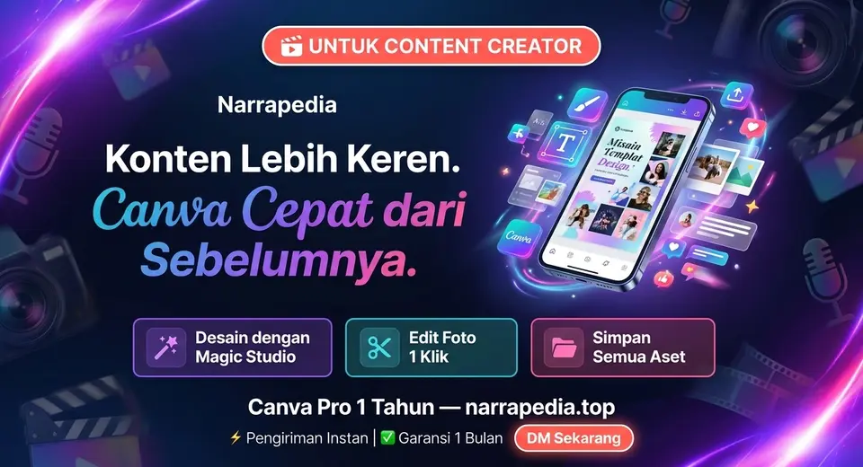 Banner promo Canva Pro dengan nuansa ungu terang dan fokus pada peningkatan produktivitas creator.